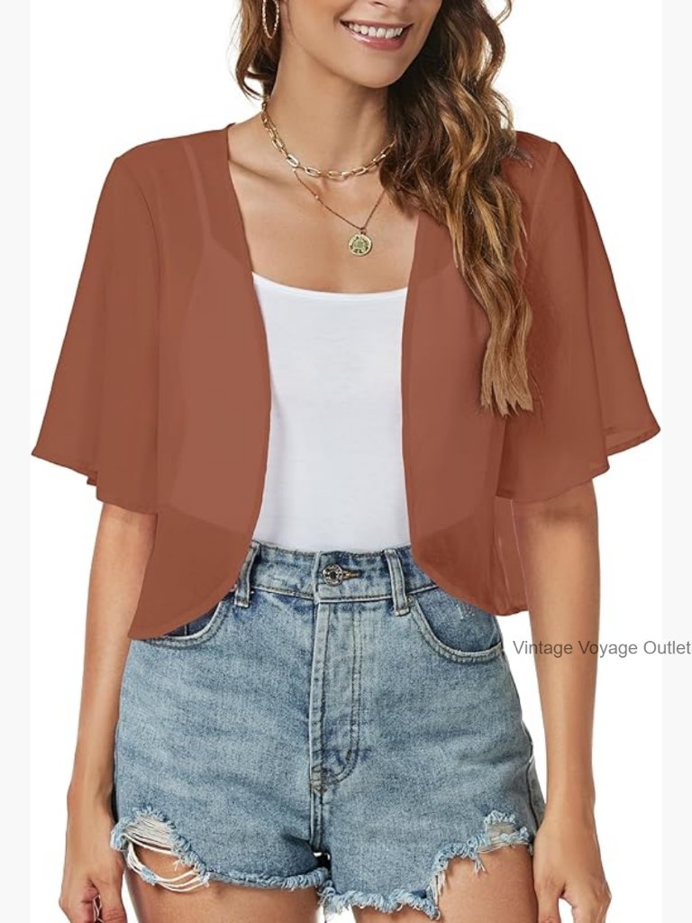 Chiffon Cardigan Open Front Short Sleeve Bolero Shrug For Dresses